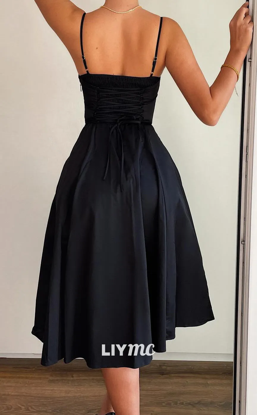 LP2090 - Sweetheart Spaghetti Straps Sleek Pleated A-Line Black Prom Dress