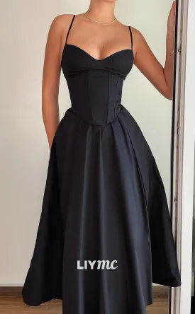 LP2090 - Sweetheart Spaghetti Straps Sleek Pleated A-Line Black Prom Dress