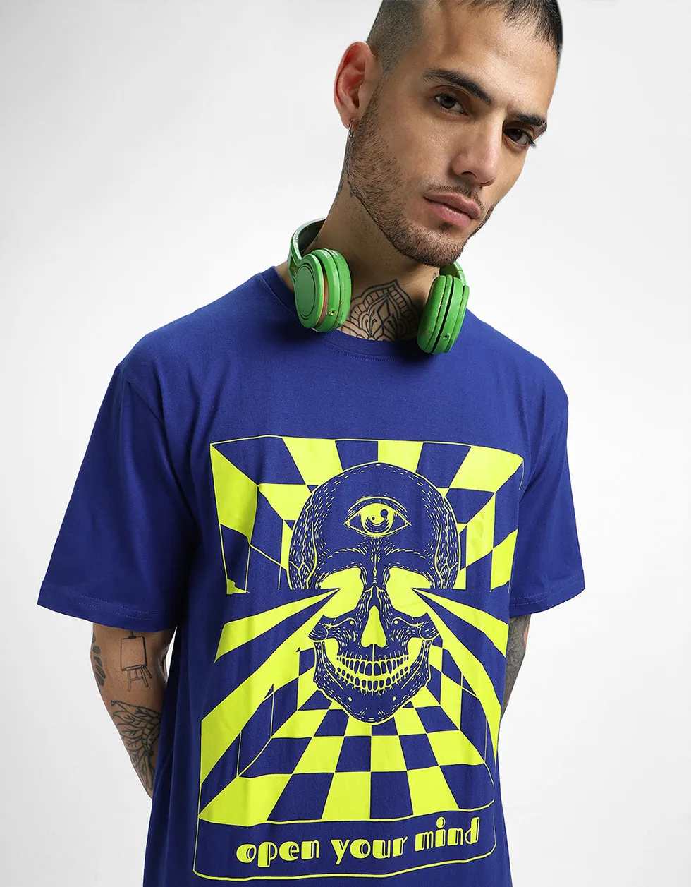 Mind-Open Blue Oversized Graphic Front Printed Tshirt