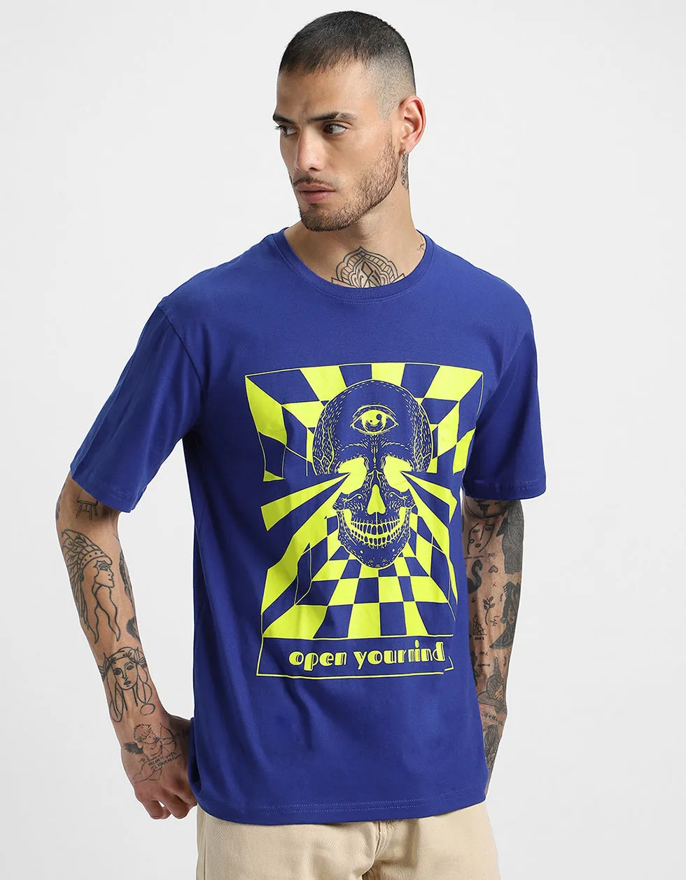 Mind-Open Blue Oversized Graphic Front Printed Tshirt