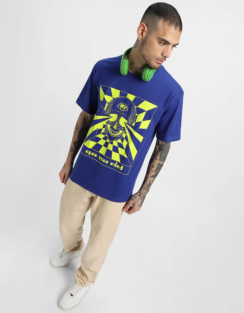 Mind-Open Blue Oversized Graphic Front Printed Tshirt