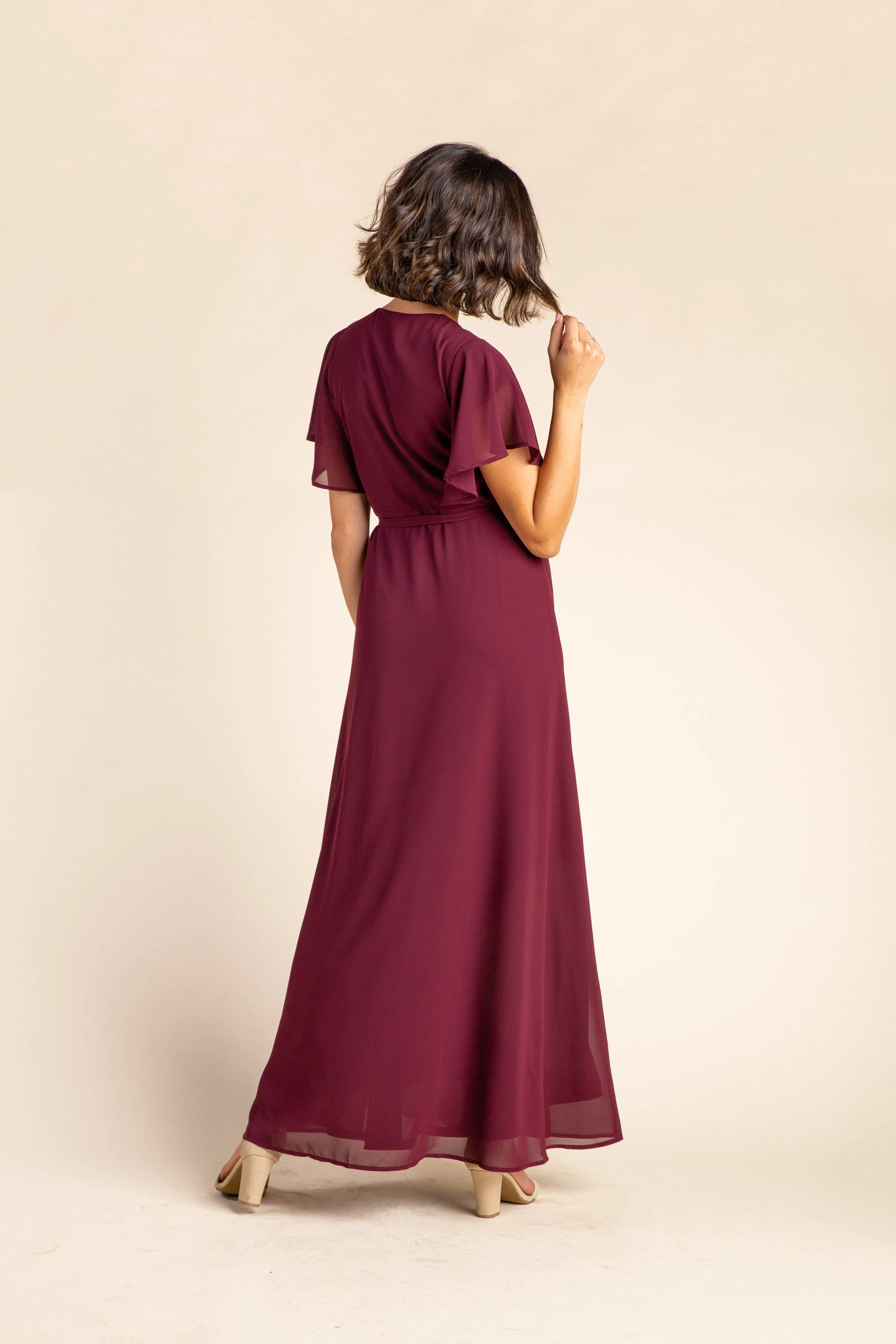 Naples Flutter Sleeve Wrap Maxi - Burgundy