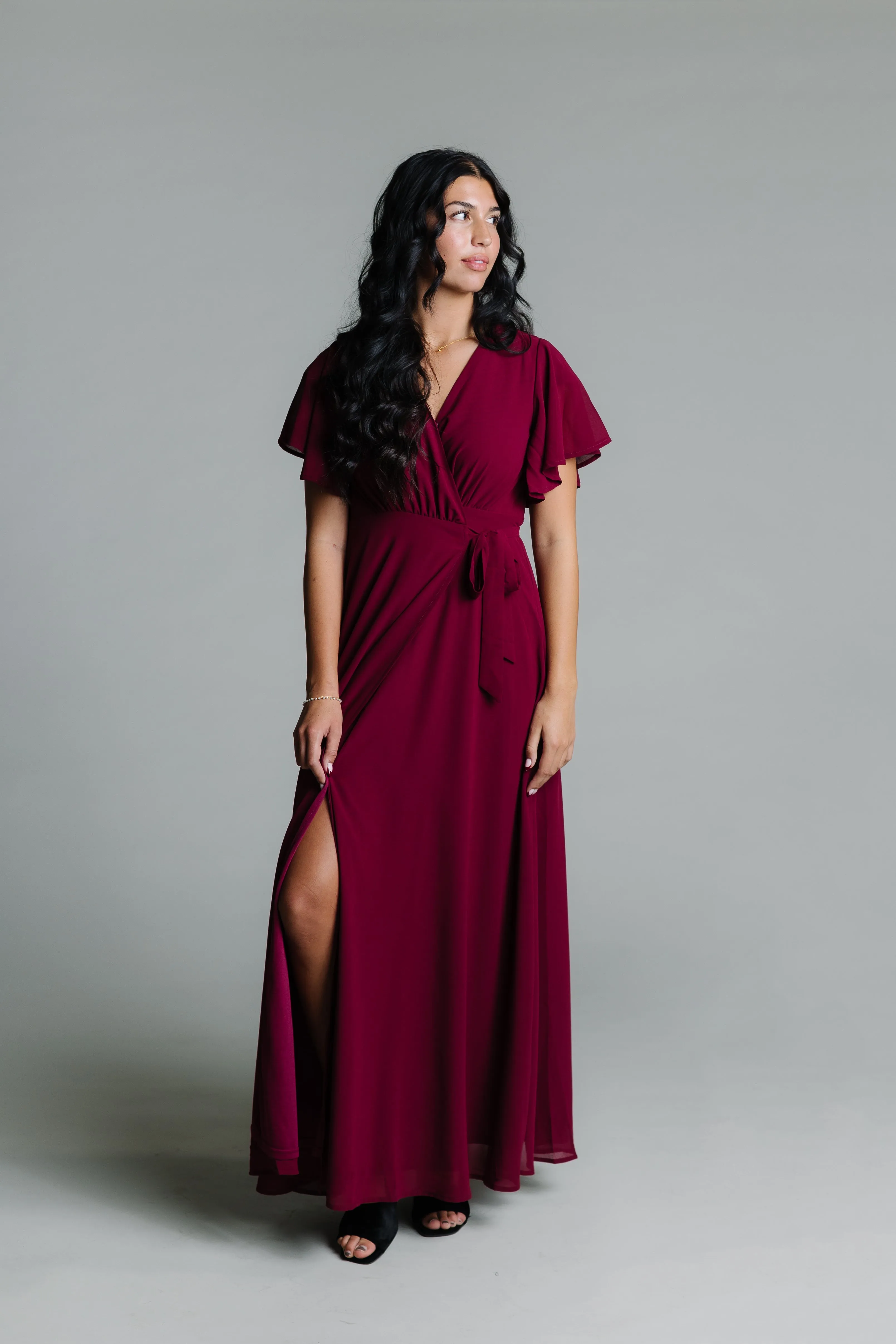 Naples Flutter Sleeve Wrap Maxi - Burgundy