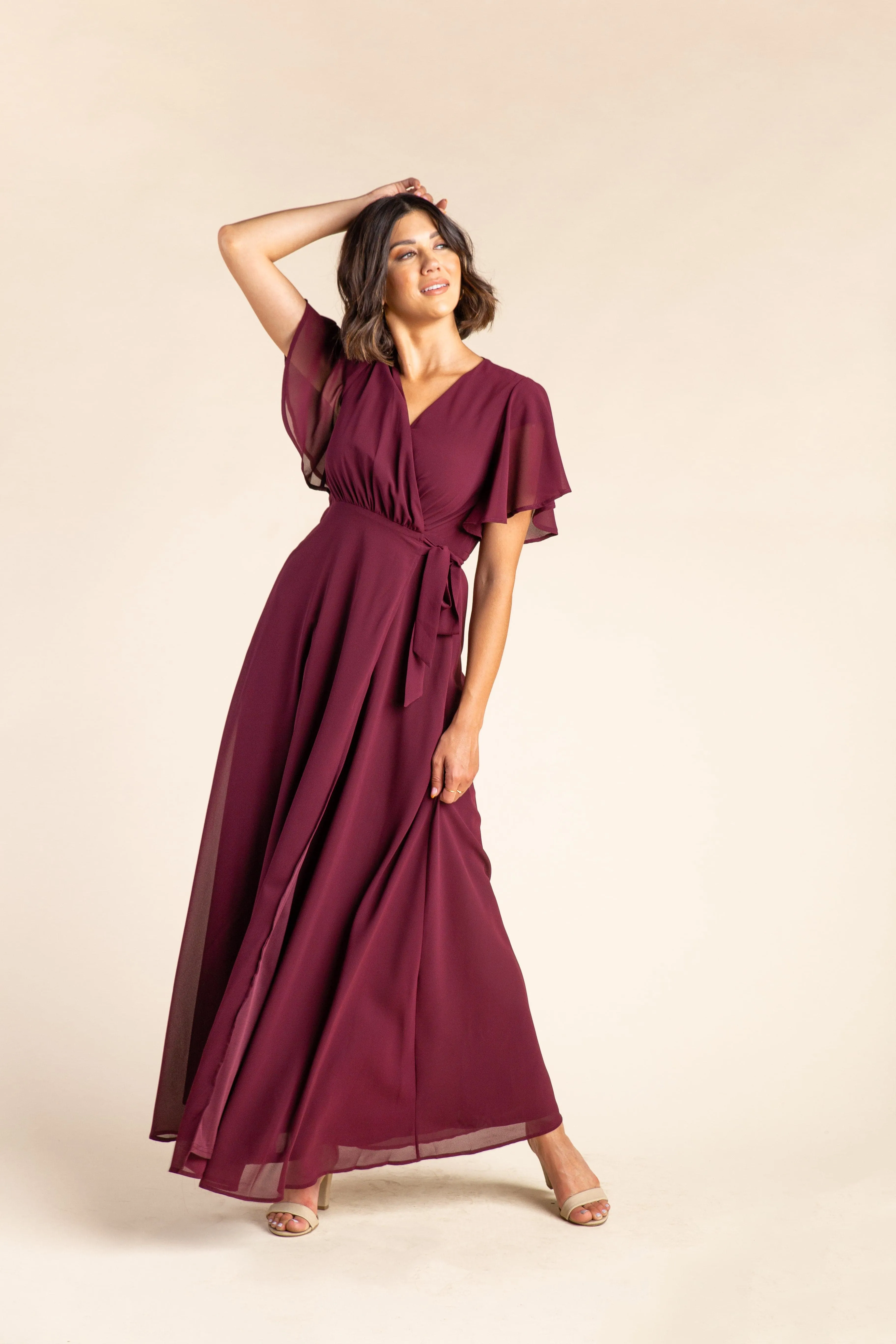 Naples Flutter Sleeve Wrap Maxi - Burgundy