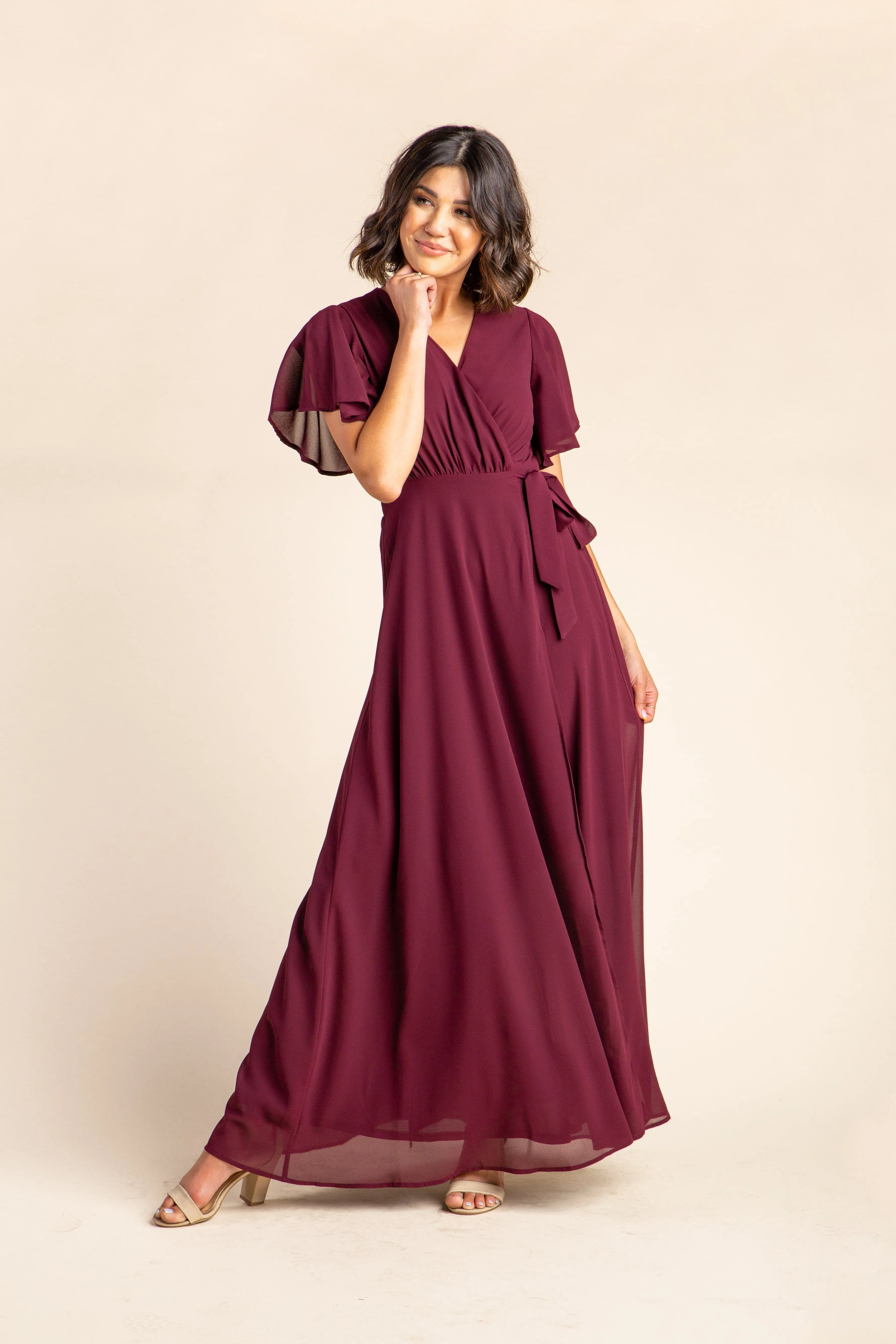 Naples Flutter Sleeve Wrap Maxi - Burgundy