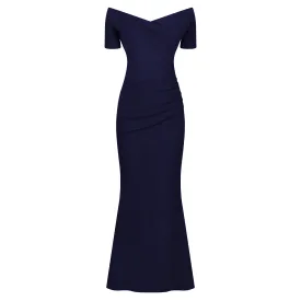 Navy Blue Bardot Capped Sleeve Maxi Dress