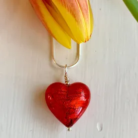 Necklace with light red Murano glass medium heart pendant on silver snake chain