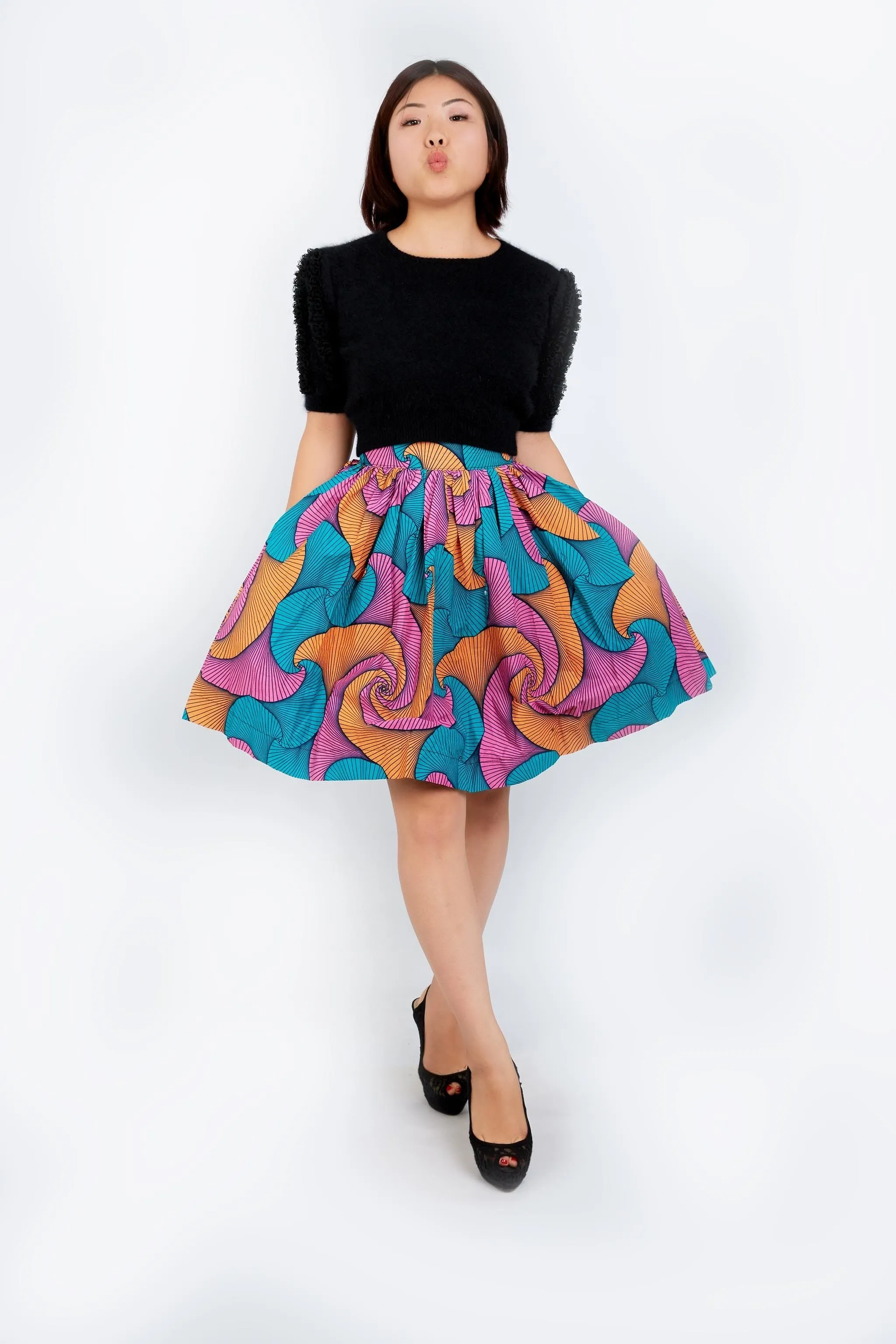 New in African Print Mini Skater Skirt - Blue