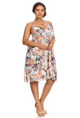 Plus Size Floral Print Strappy Relaxed Sleeveless Midi Dress