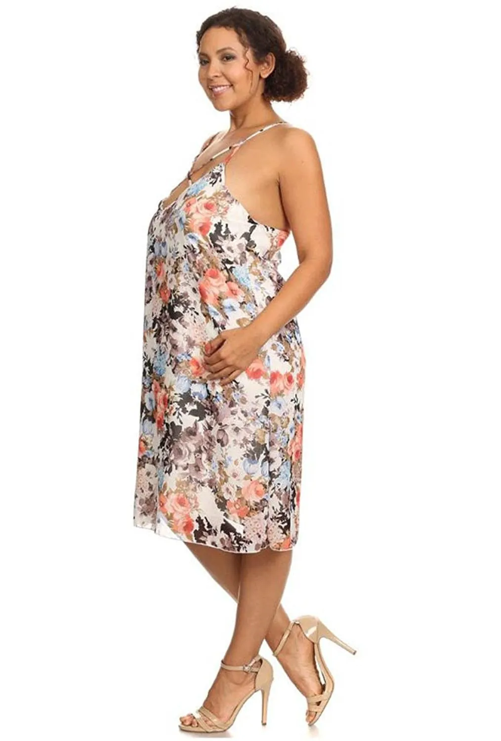 Plus Size Floral Print Strappy Relaxed Sleeveless Midi Dress