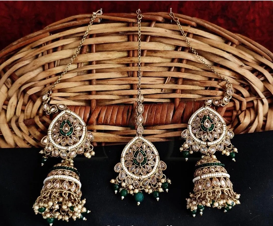 Polki Earrings With Maang Tikka - Pista Green