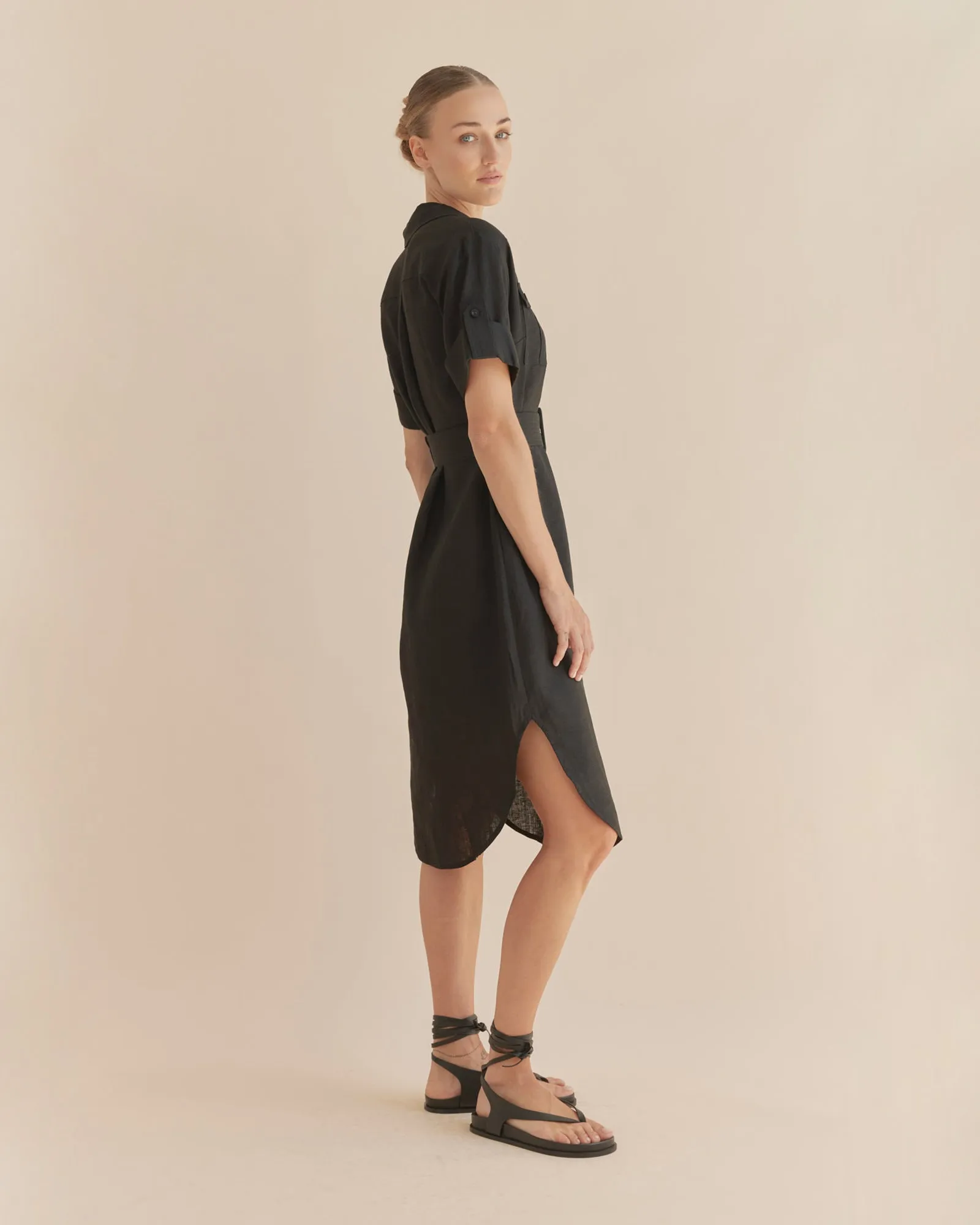 Provence Linen Shirt Dress - Black