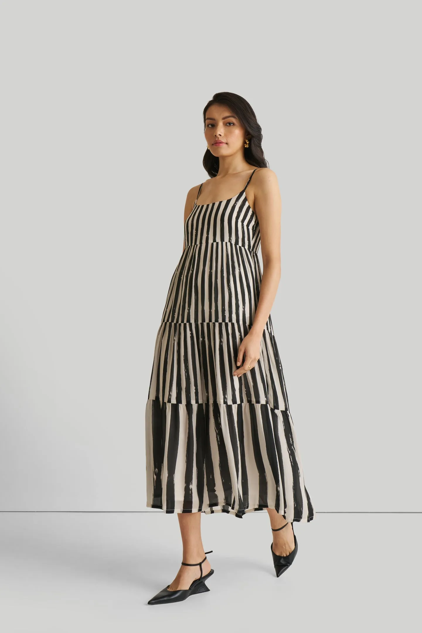 Reistor Strappy Tiered Maxi Dress in Black Stripes