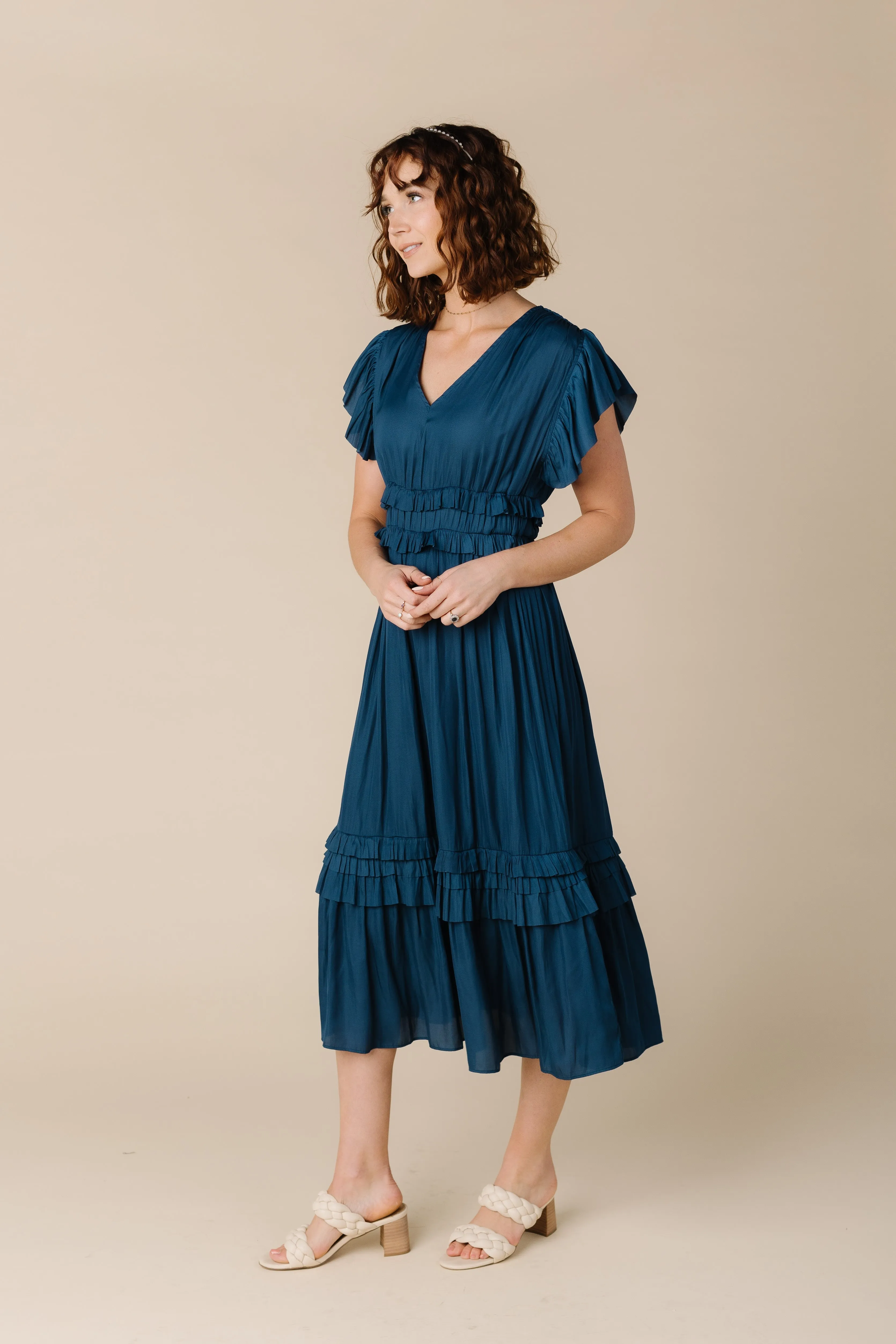 Ruffled Satin V-Neck Dress