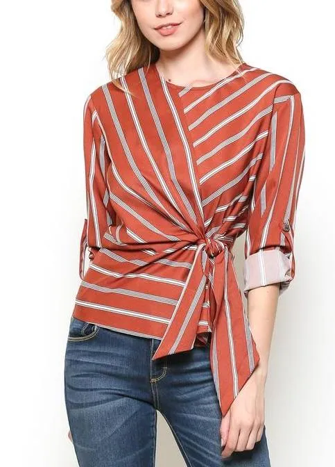 Rust Striped Wrap Blouse