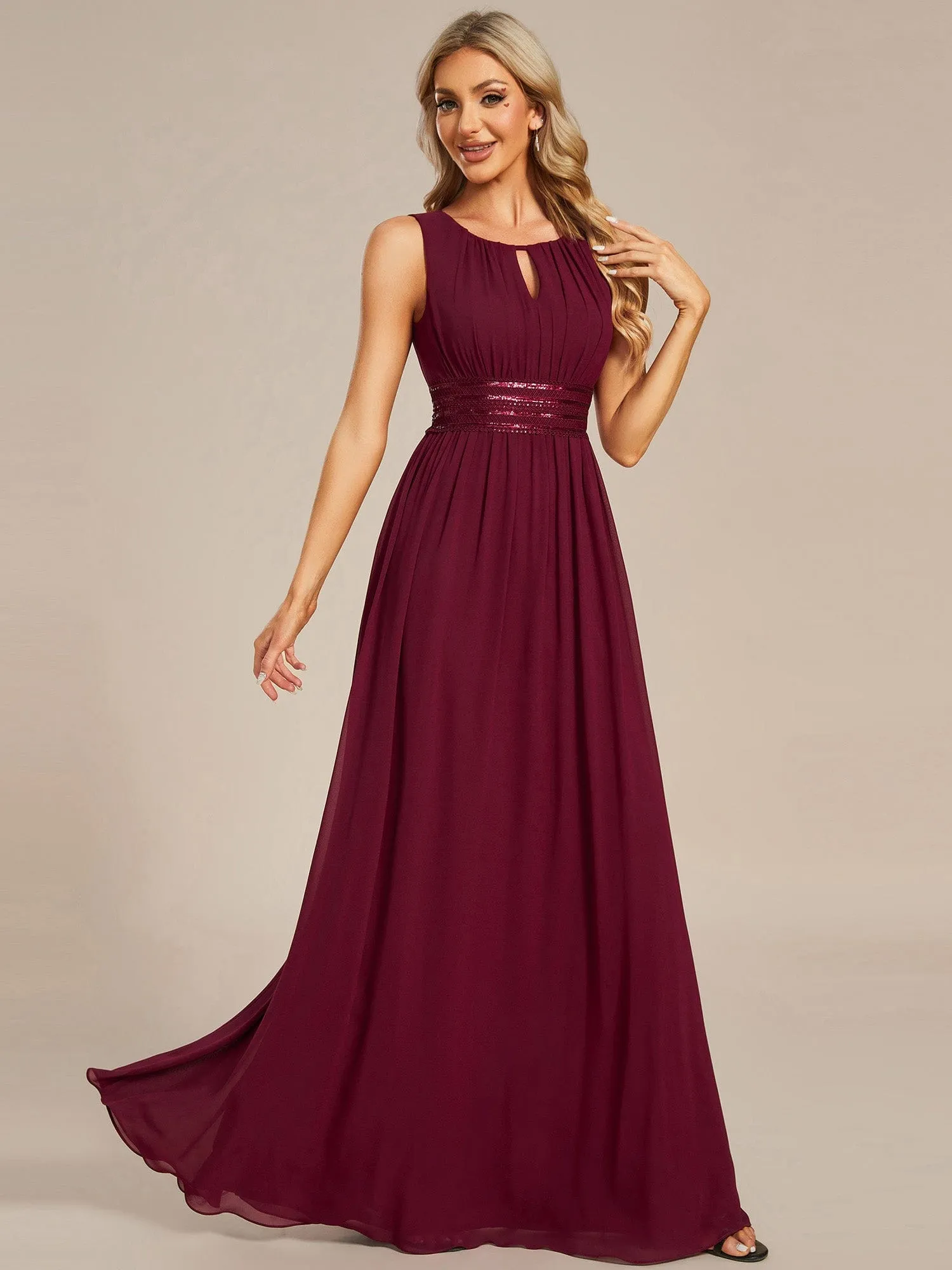 Simple Sleeveless A-line Chiffon Bridesmaid Dress with Hollow Out Detail