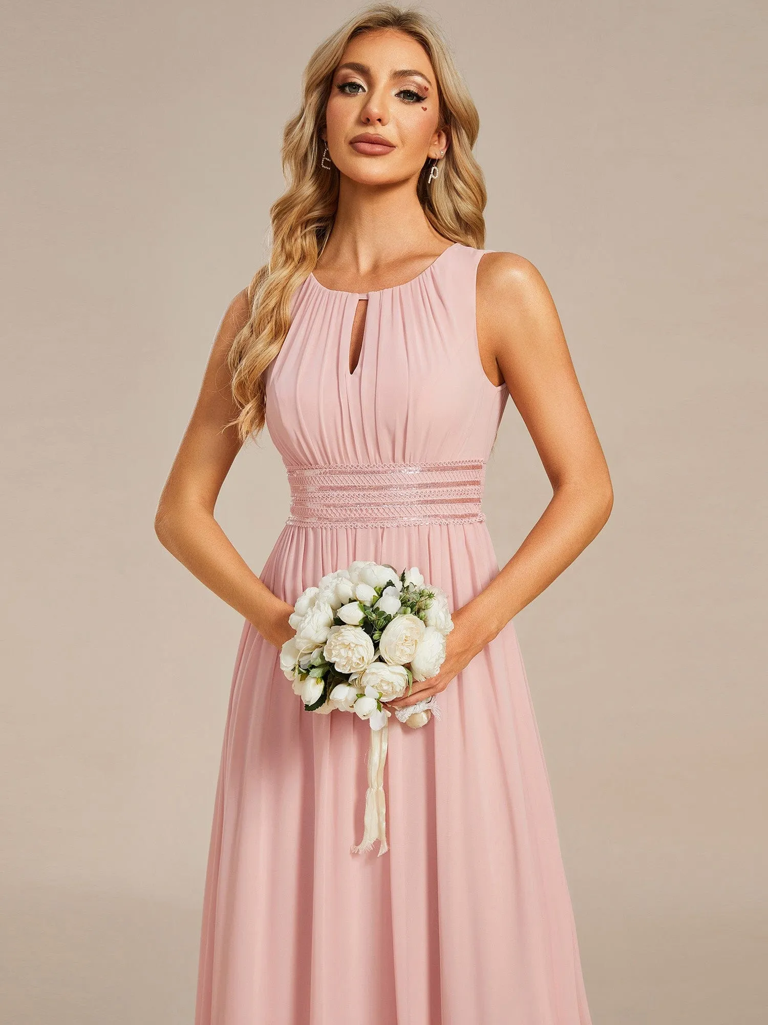 Simple Sleeveless A-line Chiffon Bridesmaid Dress with Hollow Out Detail