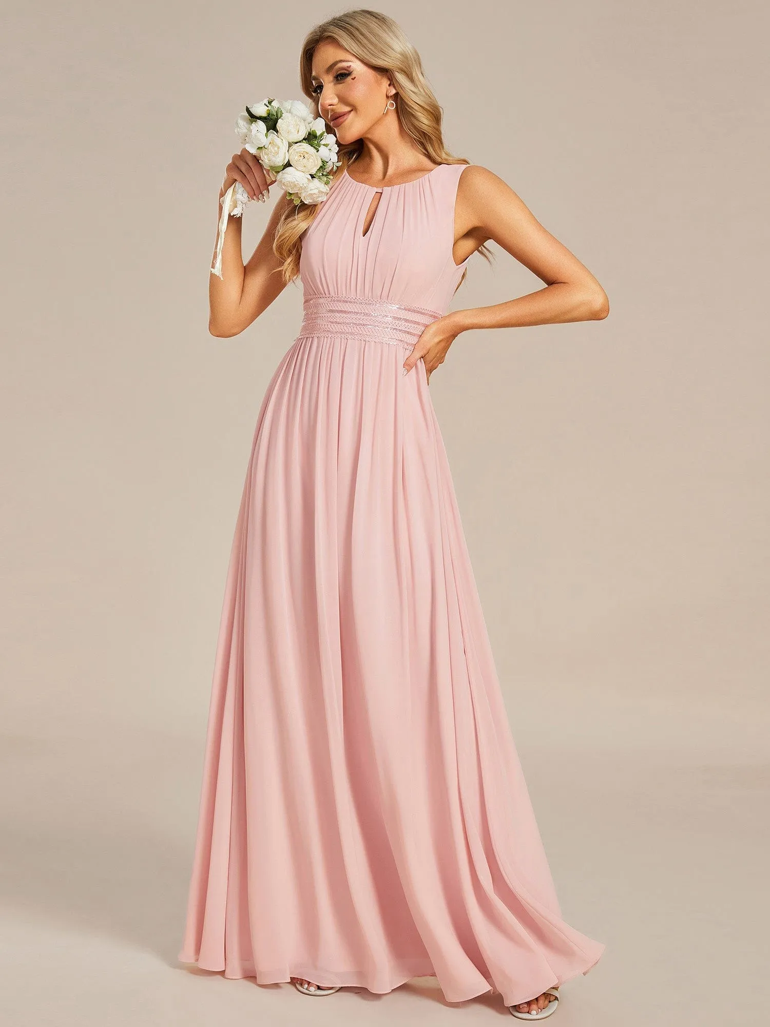 Simple Sleeveless A-line Chiffon Bridesmaid Dress with Hollow Out Detail