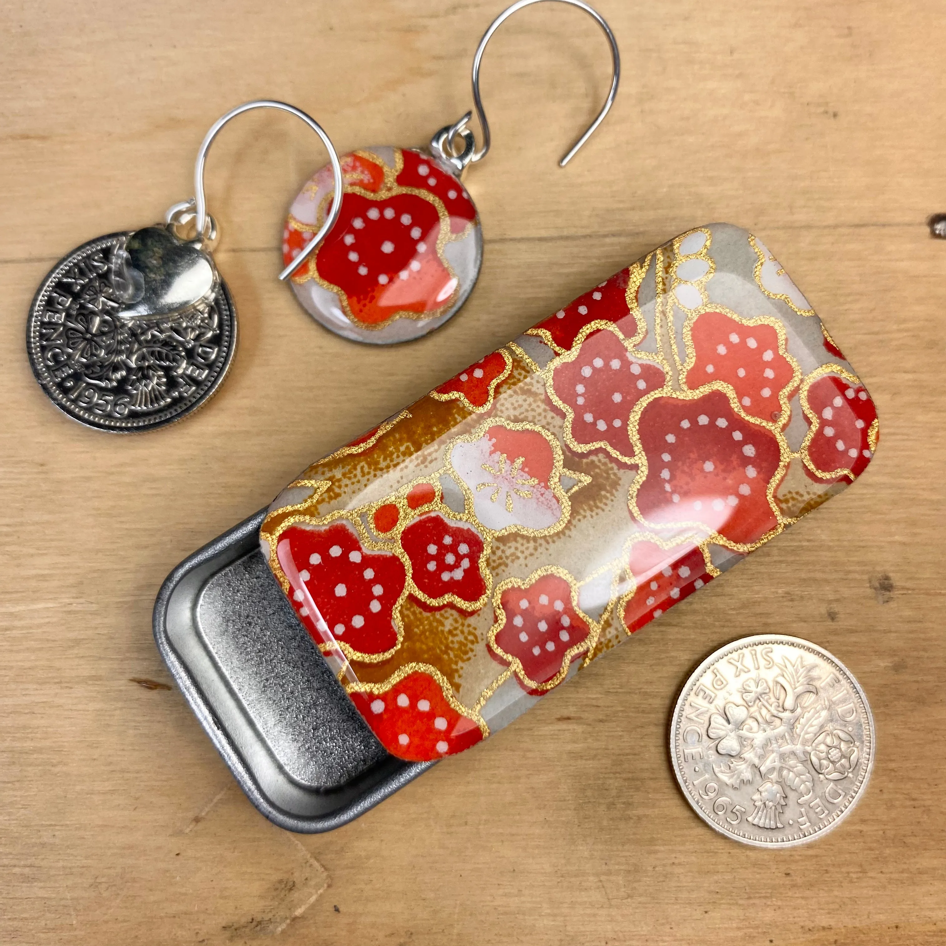 Sixpence Earrings and Teeny Tiny Tin Poppy