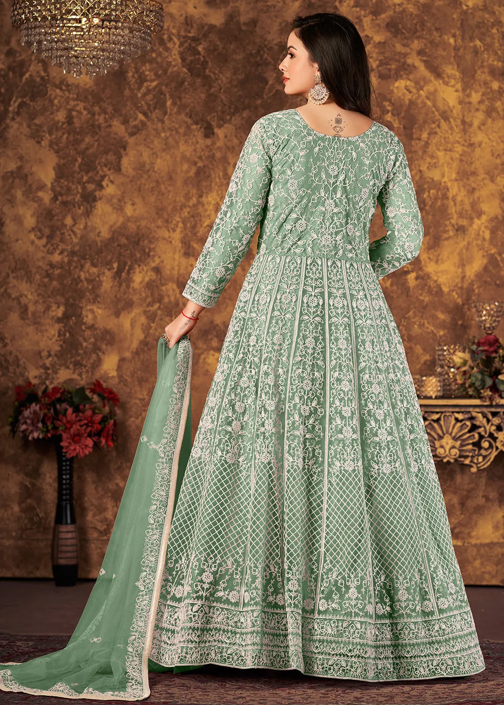 Tempting Sea Green Cording Embroidered Wedding Anarkali Dress