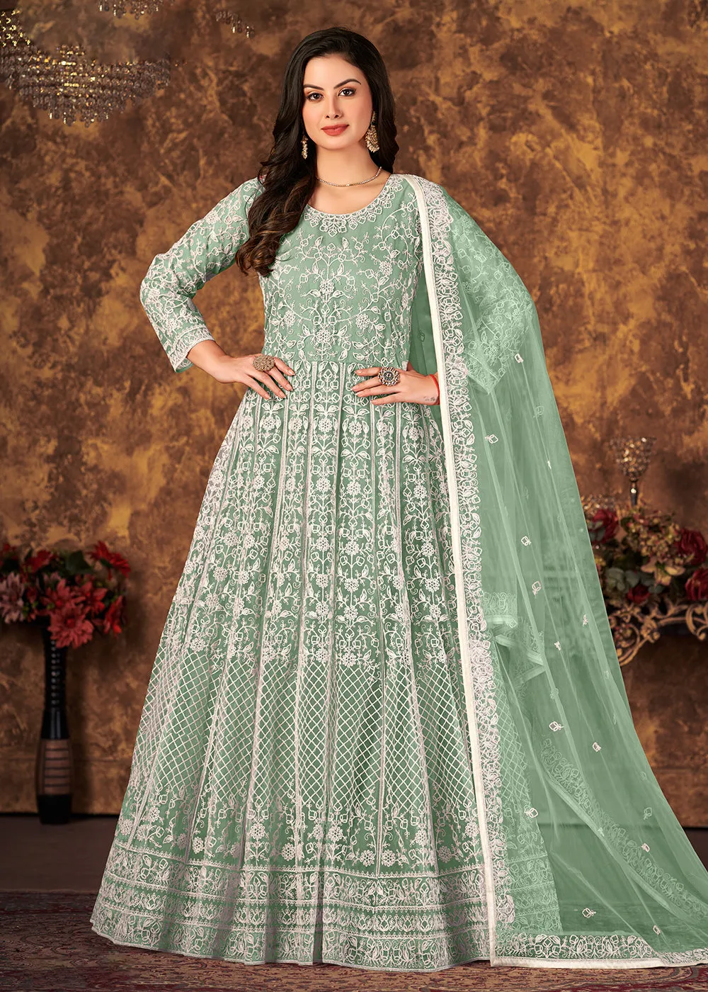 Tempting Sea Green Cording Embroidered Wedding Anarkali Dress