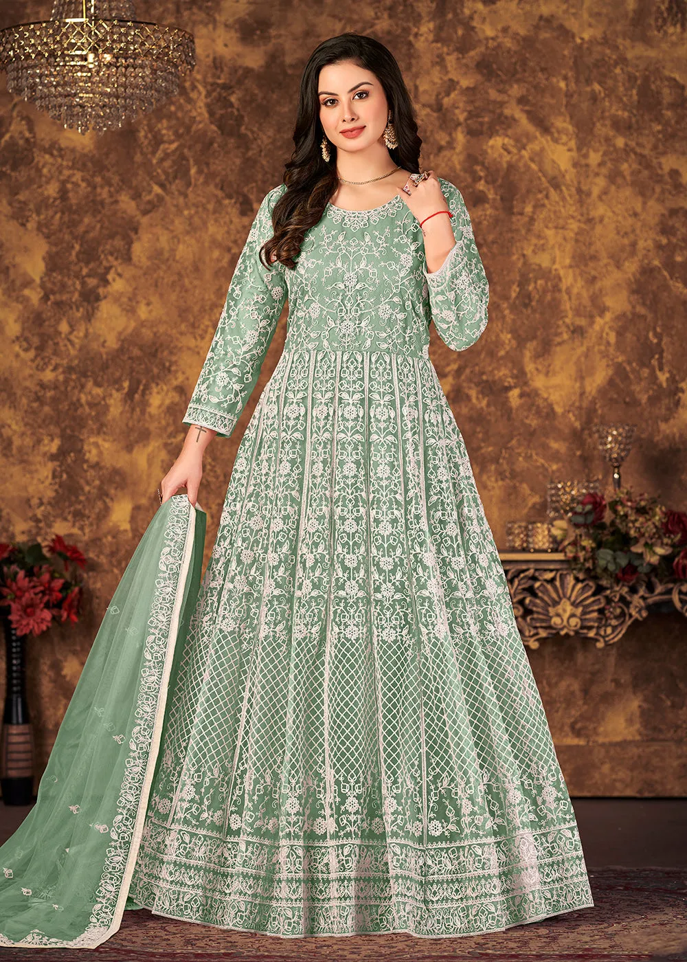 Tempting Sea Green Cording Embroidered Wedding Anarkali Dress