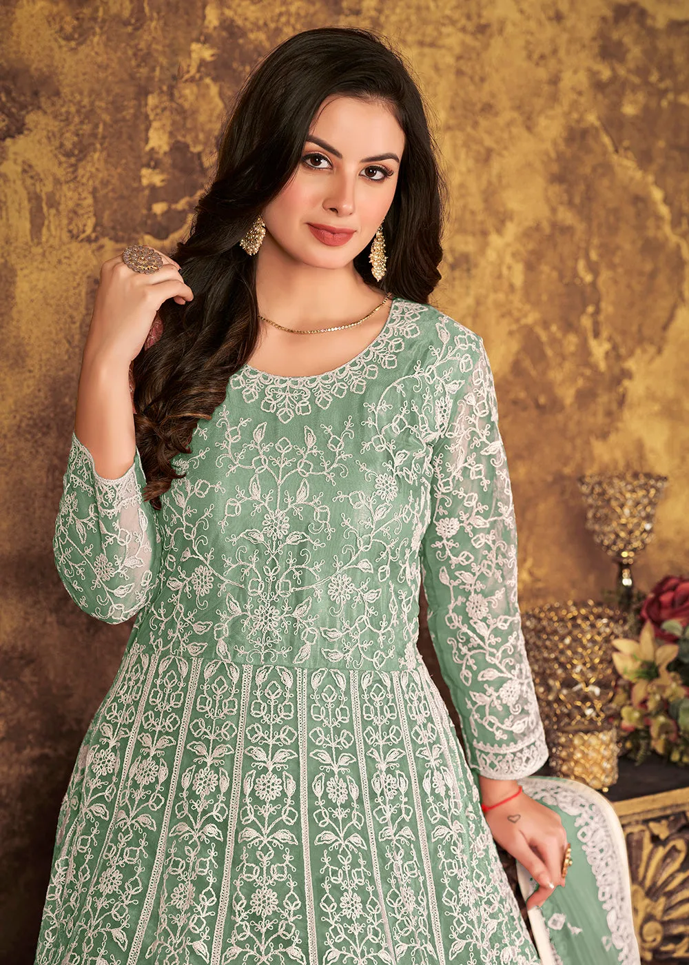 Tempting Sea Green Cording Embroidered Wedding Anarkali Dress