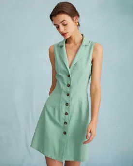 The Green Lapel Button-up Sleeveless Mini Dress