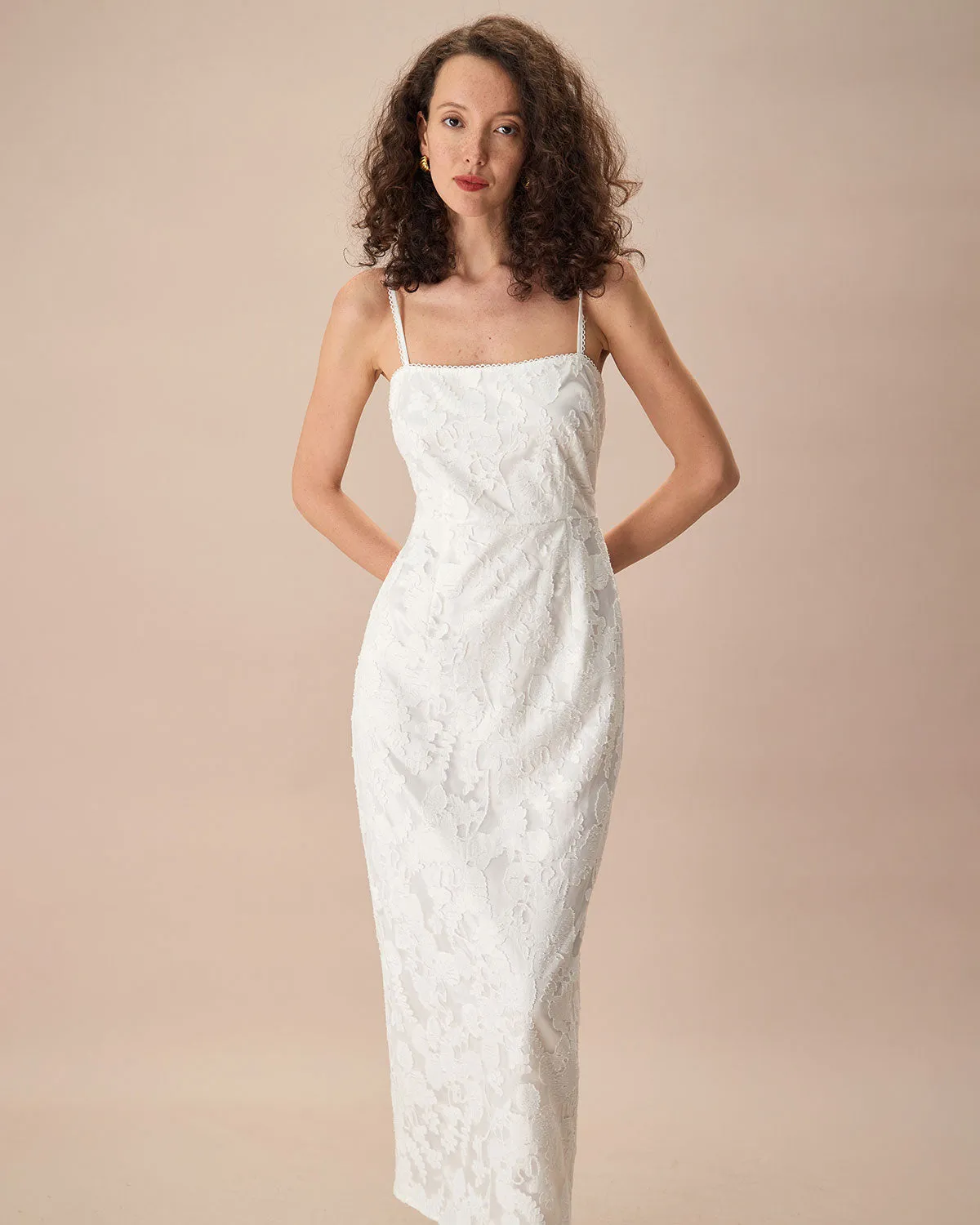 The White Square Neck Jacquard Slip Maxi Dress