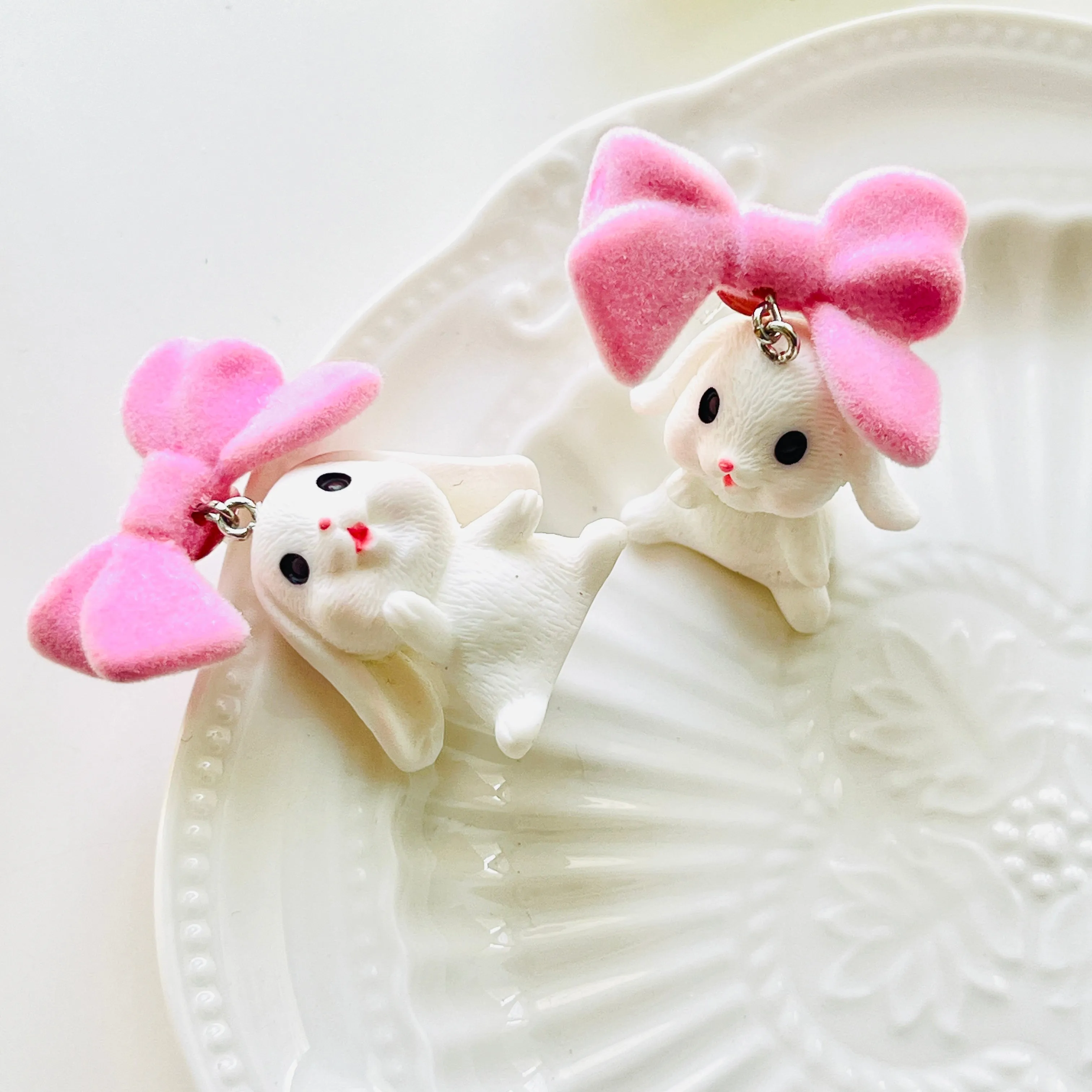 White Bunny with Bow Stud Earrings/ Clip-on Earrings