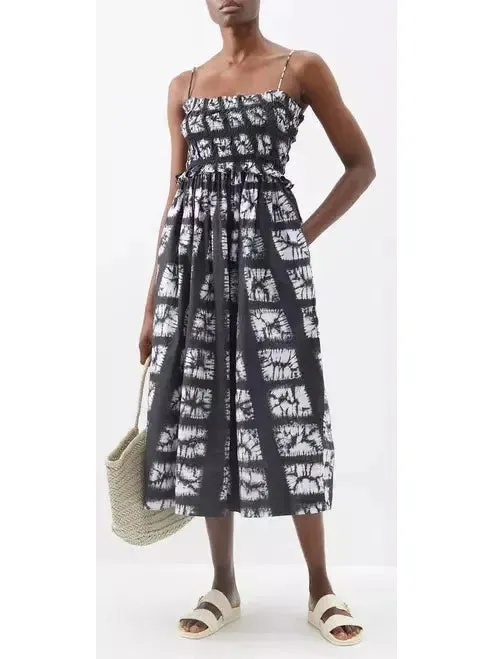 Women’s Abstract-Printed Sleeveless Cotton Midi Dress in Black and White