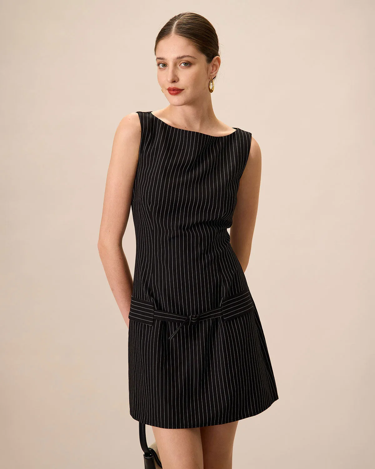 Women's Black Boat Neck Striped Mini Dress