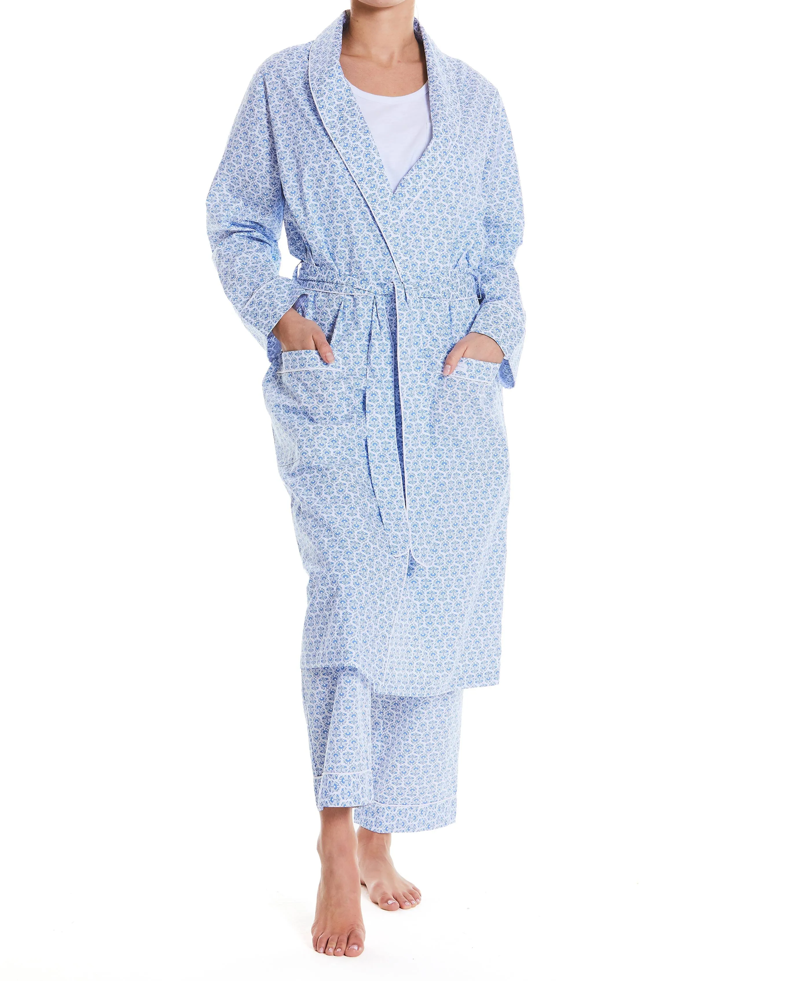 Women's Blue White Flower Print Organic Cotton Dressing Gown