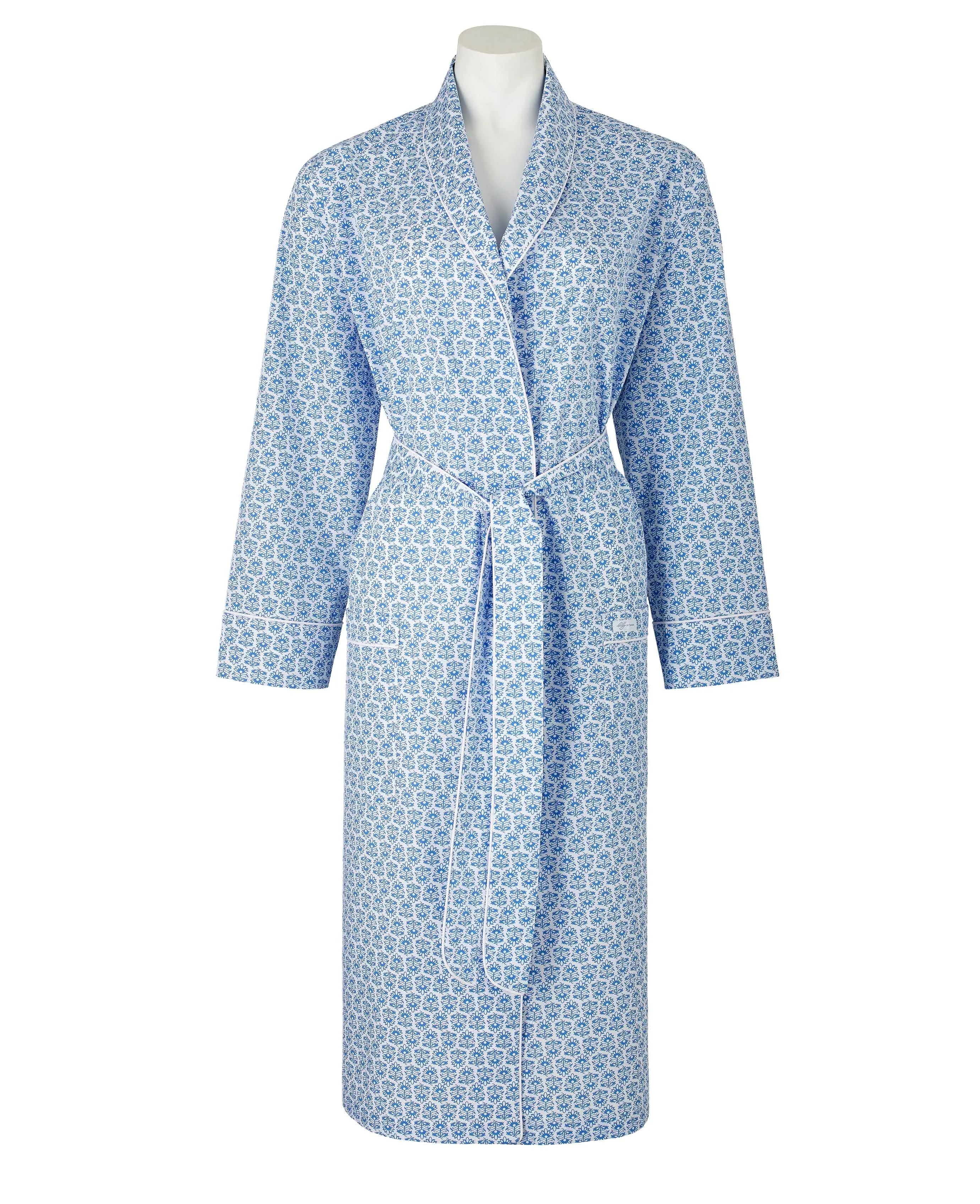 Women's Blue White Flower Print Organic Cotton Dressing Gown