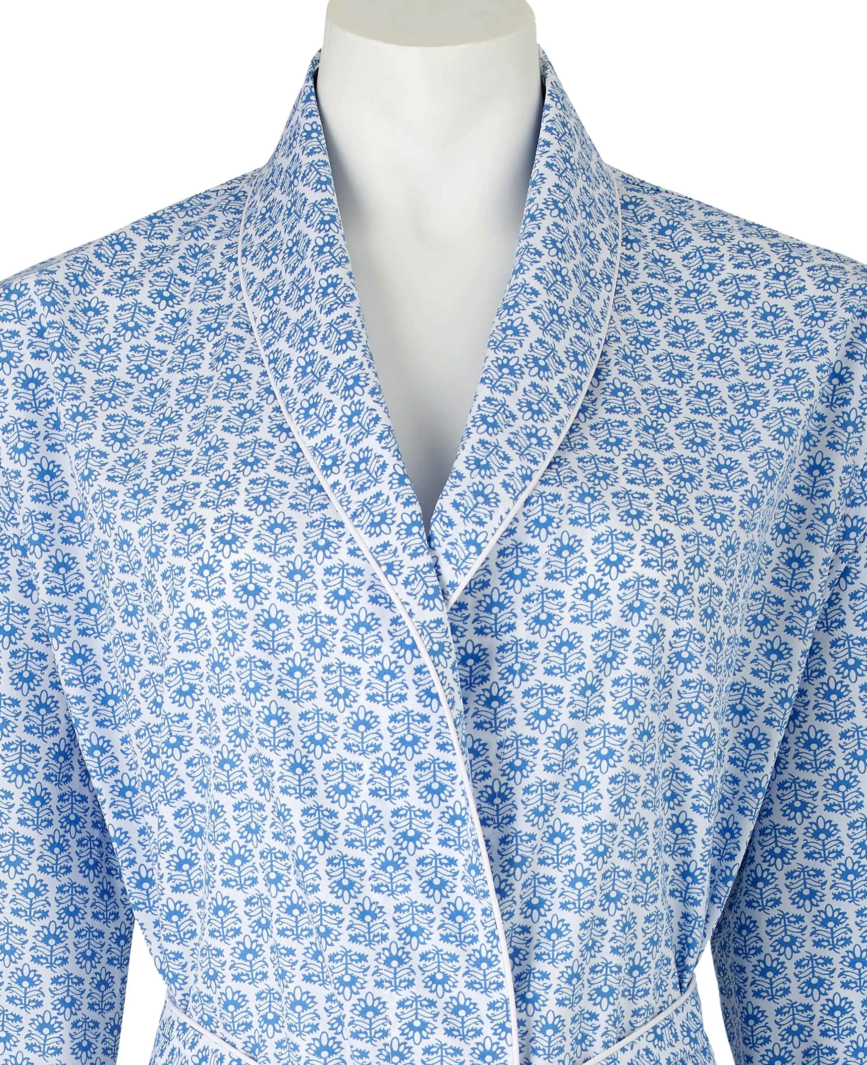 Women's Blue White Flower Print Organic Cotton Dressing Gown