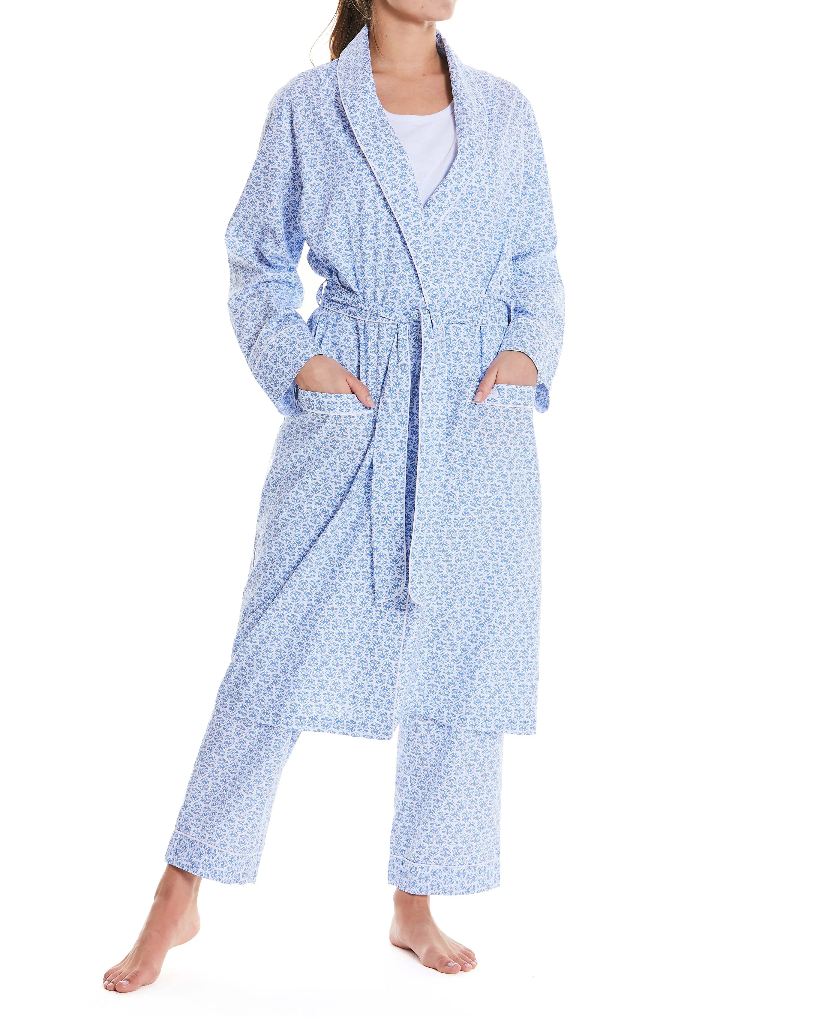 Women's Blue White Flower Print Organic Cotton Dressing Gown