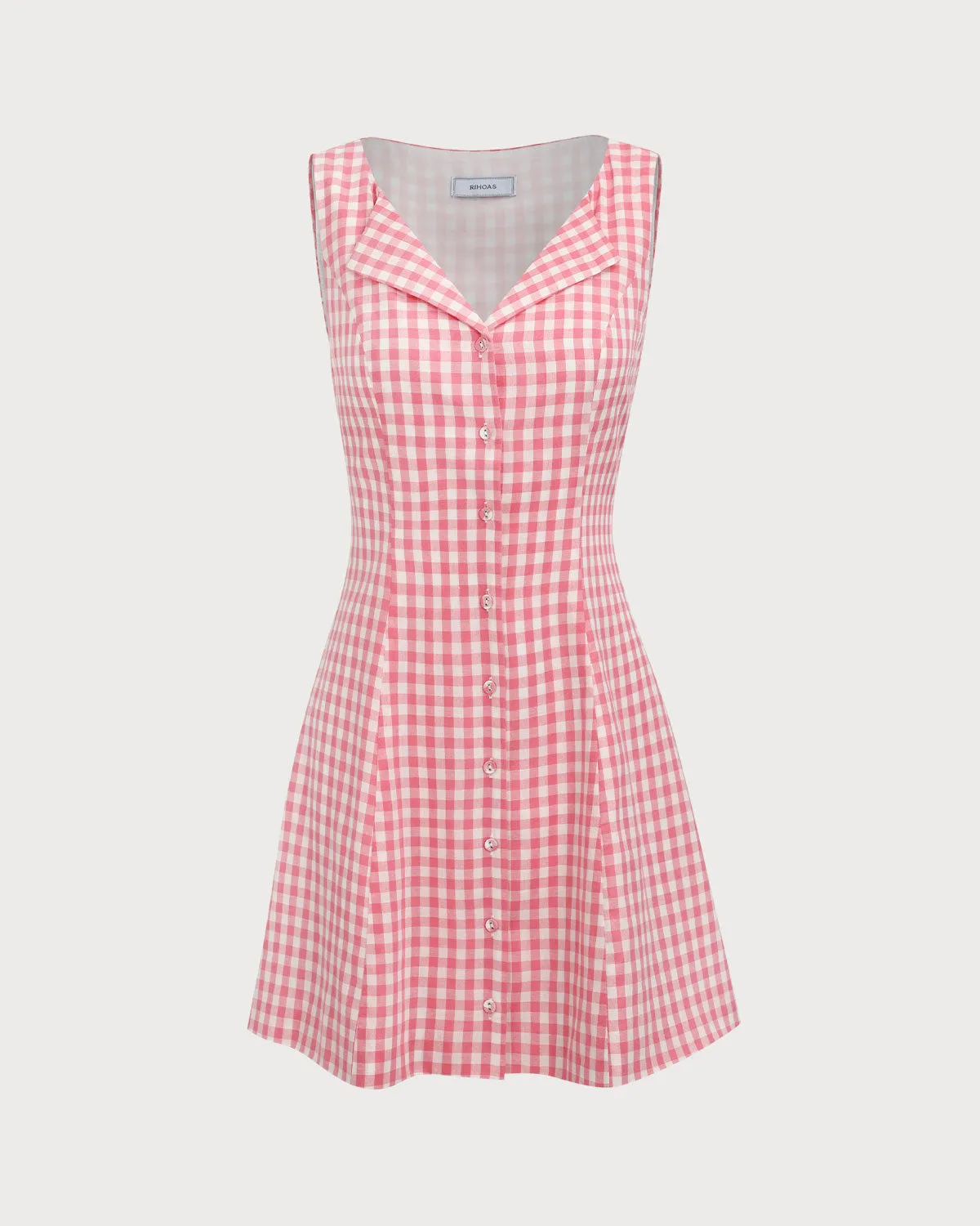 Women's Pink V-Neck Plaid Cotton Mini Dress